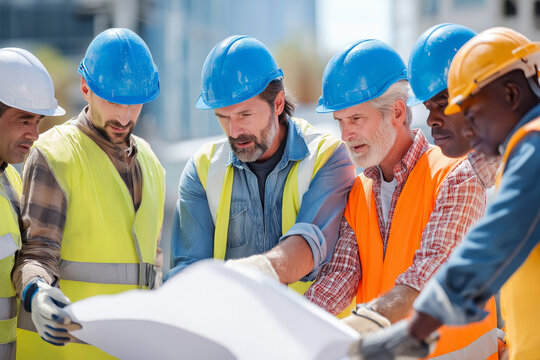Team of multicultural construction workers reviewing blueprints on a construction site, wearing hard hats and work gloves, sunny day.