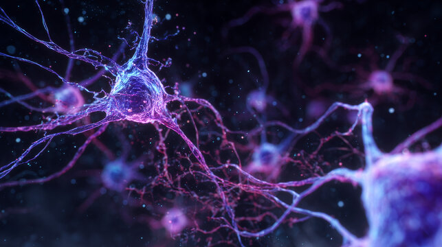 Abstract illustration of purple, blue, and red brain cells with neural connections, showing scientific concept of biology, neurology, and human mind network.