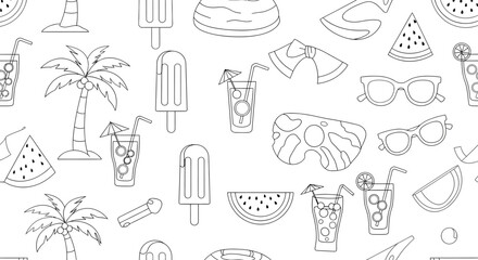 Summer themed outline pattern with palm trees drinks ice cream and sunglasses.