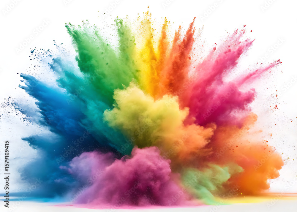 Poster vibrant explosion of colorful powder creating a dynamic and mesmerizing visual spectacle on white ba
