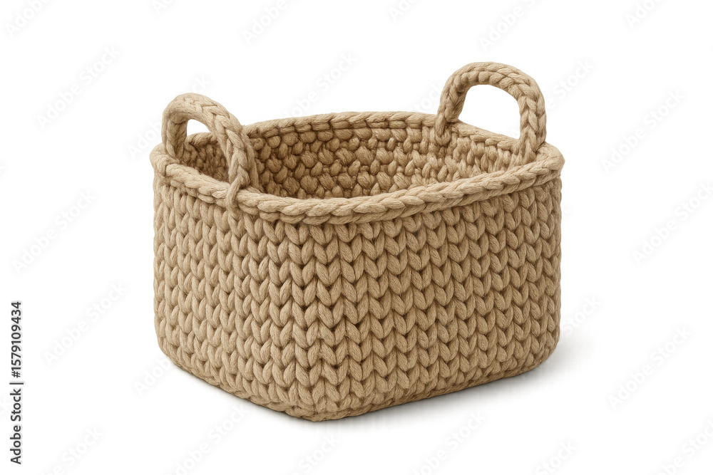 Poster crochet basket with two handles isolated on transparent background, perfect for storing items and ad