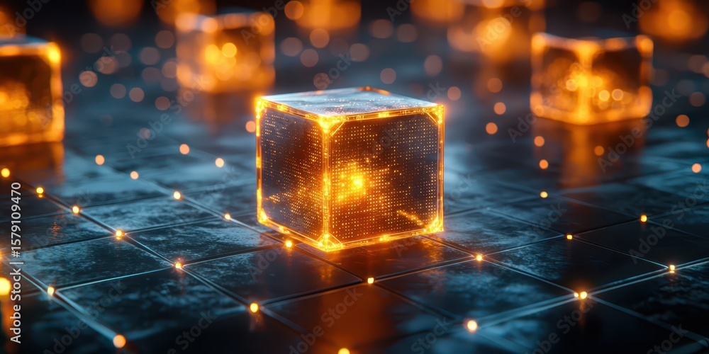 Poster economy exchange world concept. illuminated cube surrounded by glowing elements on a dark background