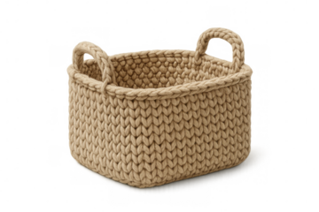 Crochet basket with two handles isolated on transparent background, perfect for storing items and adding a touch of handmade charm to any space