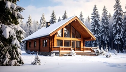 Snowy log cabin in a wintry forest