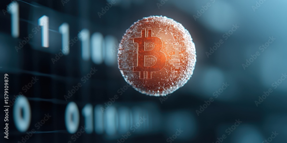 Poster economy exchange world concept. digital representation of bitcoin with binary code background, symbo