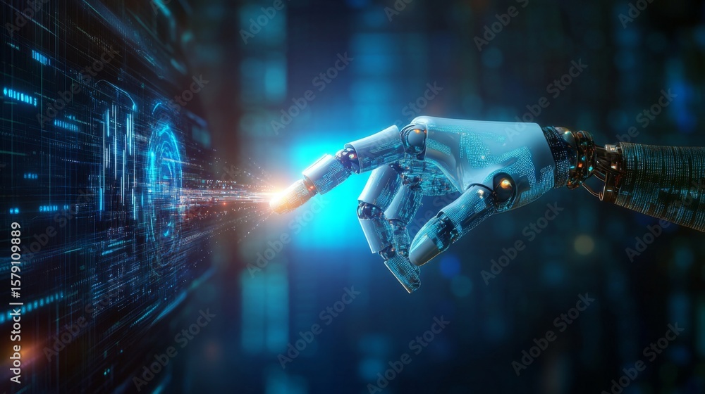 Poster a robotic hand reaches out to touch a glowing digital interface, symbolizing the connection between 