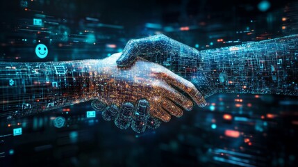 A digital handshake between a human and a robotic hand symbolizes collaboration and trust in advanced technology and AI integration.