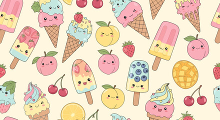 Obraz premium Cartoon Sweets Pattern Ice Cream Cones Popsicles Peaches Cherries Strawberries Mango and Lemon.