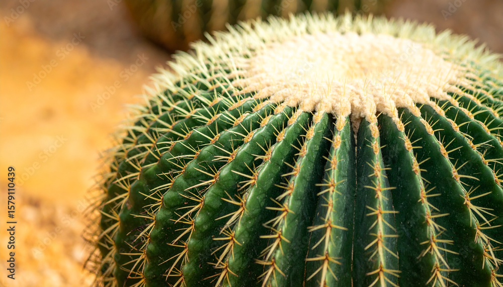 Aufkleber close up macro shot of barrel cactus showcasing its intricate geometric patterns and sharp spines. v