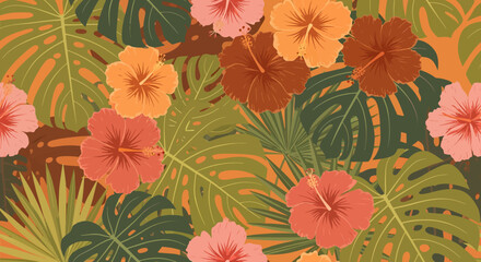 Tropical Hibiscus and Monstera Leaf Pattern with Earthy Tones.