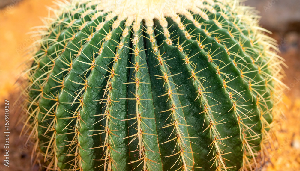 Poster close up macro shot of barrel cactus showcasing its detailed geometric patterns and vibrant green co