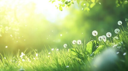 Dandelion meadow nature background spring summer green grass floral landscape sunny day dreamy wallpaper light