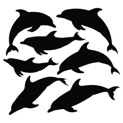 Fototapeta premium Dolphin silhouette vector set, collection of dolphin swimming and jumping pose