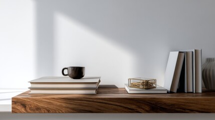 Books coffee cup and jewelry box on a wooden shelf against a white wall