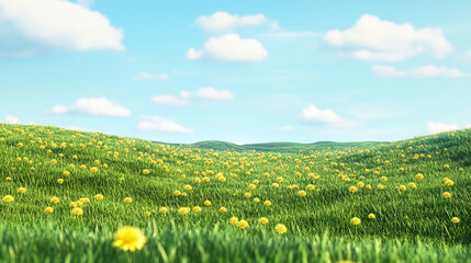 Dandelion field landscape meadow spring summer nature green grass blue sky scenic background wallpaper hd image