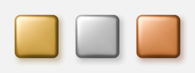 Gold, silver and bronze 3D square buttons with metallic gloss. Vector illustration