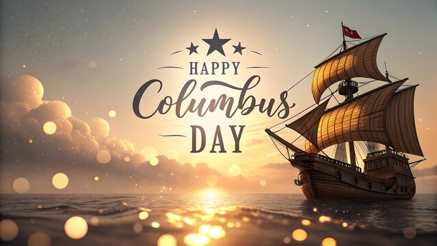 Columbus Day: A majestic galleon sails into a breathtaking sunset, symbolizing exploration and discovery.