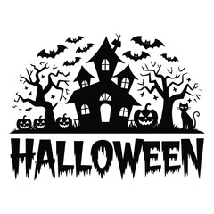 Halloween haunted house silhouette with bats and pumpkins with whit background