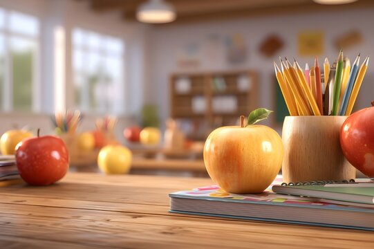 Modern classroom background with stationery essentials, books and supplies ready for the first day of school. Back to school composition with colorful stationery on a desk in front of a chalkboard.
