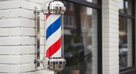 Naklejka premium A classic barber pole with red, white, and blue stripes mounted on a white brick wall outside a shop with a window.