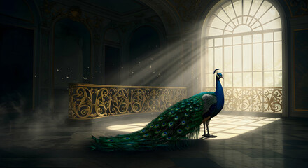 Majestic Peacock in a Sunlit Palace Hall Royalty Free Stock Image