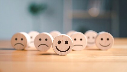 Wooden smiley faces on a table