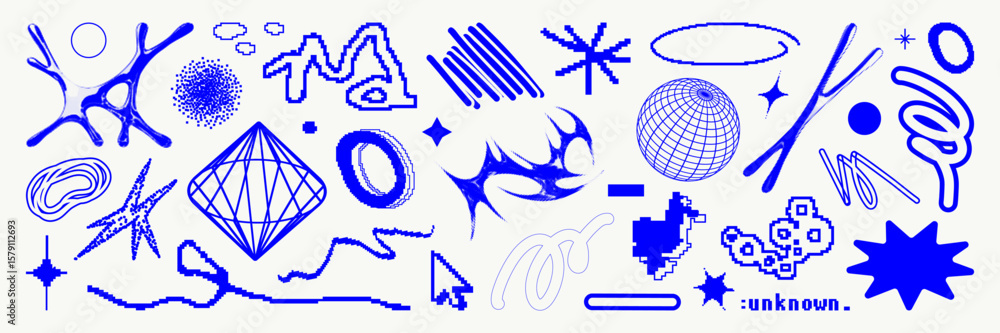 Aufkleber graphic geometric shape asset pack. pixelated and bitmap abstract figures in vector for design templ