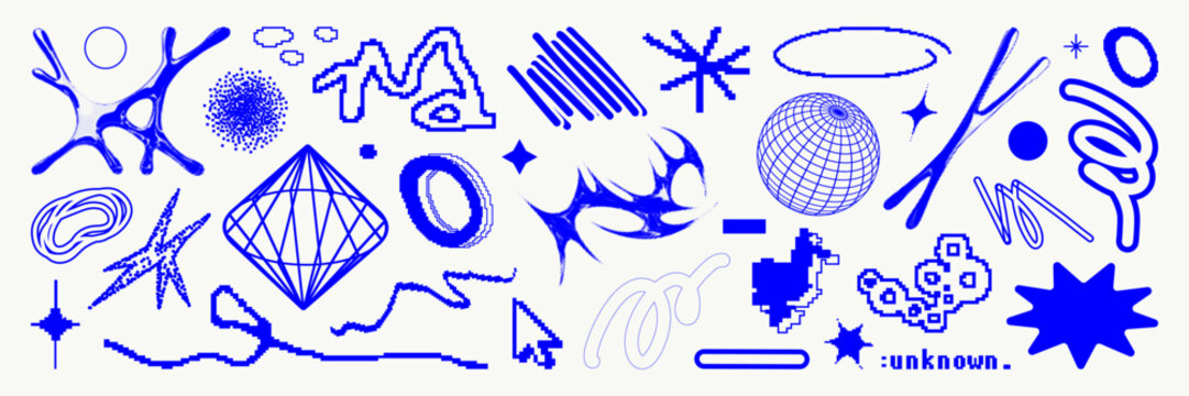 Graphic geometric shape asset pack. Pixelated and bitmap abstract figures in vector for design template, poster, sticker. Isolated blue elements on white background.