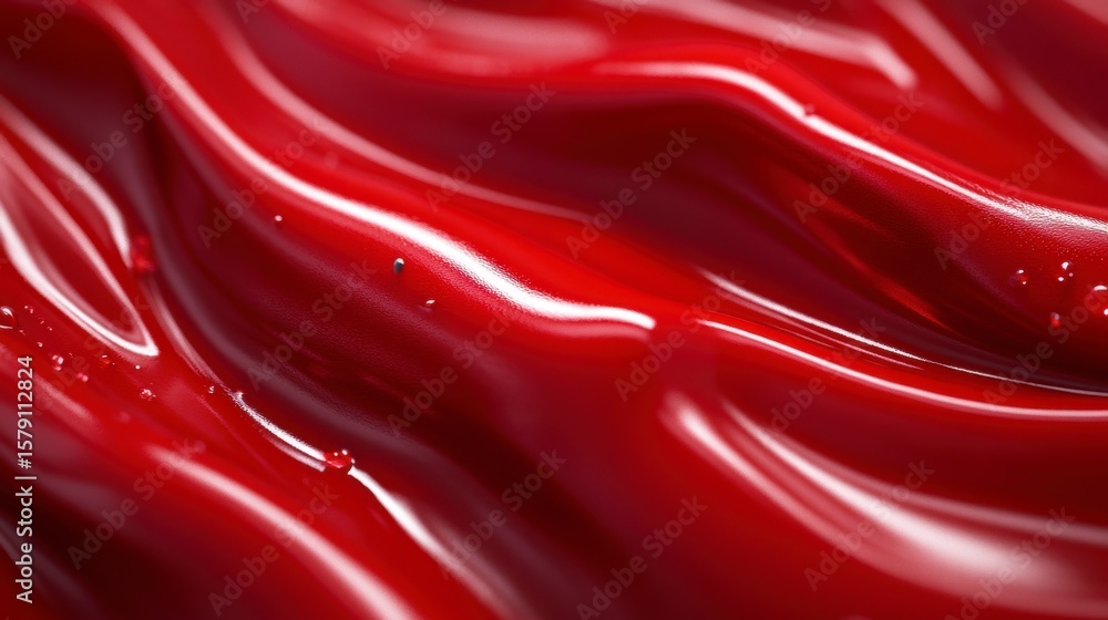 Poster abstract red liquid texture with glossy waves and subtle particles.