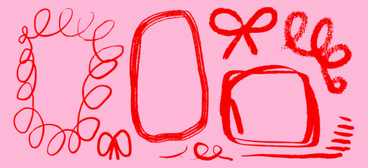 Different red shapes, objects, frames. Brush, ink, pencil, pen, paint strokes. Grunge texture set. Abstract doodle style. Hand drawn modern Vector illustration. Isolated design elements