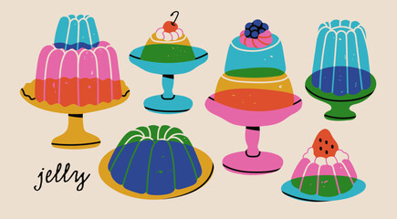Jelly cake set. Various colorful desserts with fruit on plates. Jellies, candy, juicy food, pudding concept. Vintage trendy style. Hand drawn modern Vector illustration. Isolated design elements