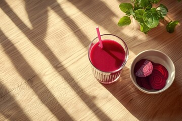 Refreshing beetroot smoothie in a glass, sunlight streaming through window, healthy drink, vibrant red color.