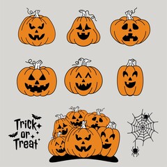 Vintage Jack-o’-Lantern Pumpkin Faces – Halloween Vector Set. A set of cute retro halloween pumpkins, clipart, isolated
