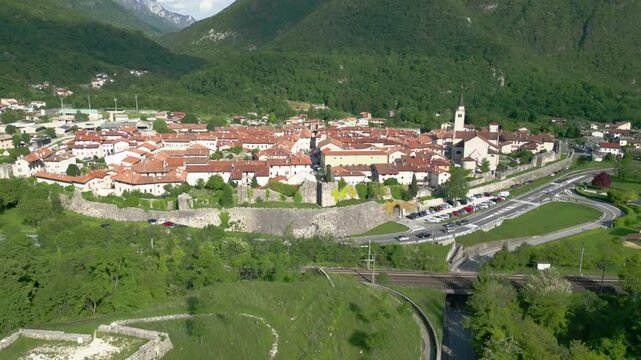 The ancient fortified village of Venzone seen from above