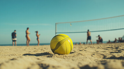 Beach volleyball game with yellow ball on sand summer vacation and outdoor sport activity for healthy lifestyle