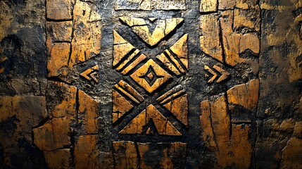Ancient tribal motif with geometric shapes is etched in weathered, textured stone
