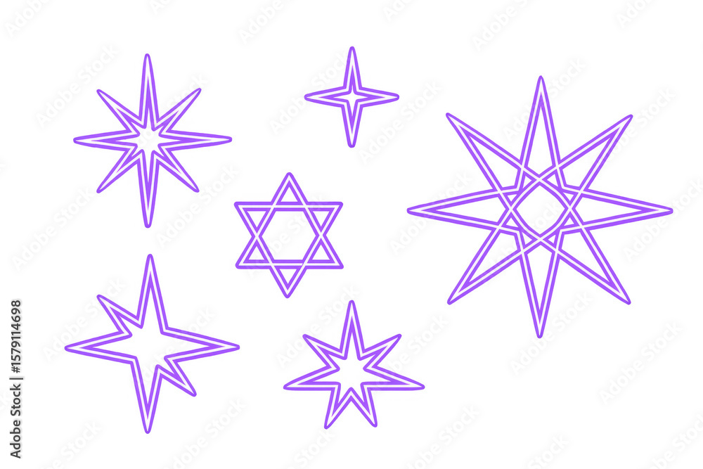 Poster set of glowing violet stars of different shapes and sizes on a transparent background, perfect for g