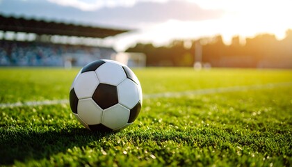 Soccer ball on grassy field, stadium in background