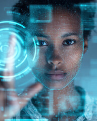 Woman interacting with futuristic AI interface. Portrait of a woman interacting with a digital AI interface. The scene highlights diversity and modern technology with glowing futuristic elements.