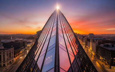 Obraz premium Vibrant sunset reflects on the urban skyline, showcasing a suspension bridge over the river with city lights illuminating the night