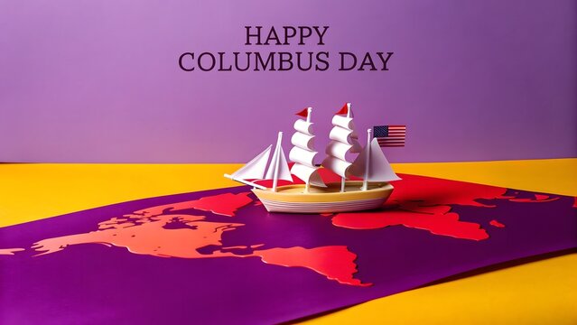 Happy Columbus Day: A Festive Ship on a Colorful World Map