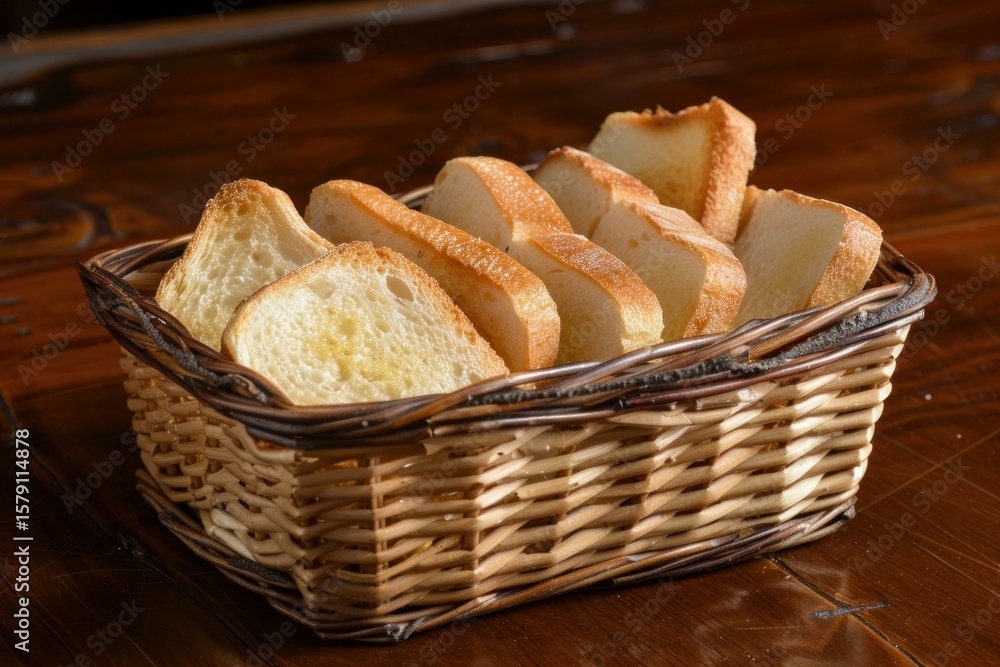 Poster toasted slices of bread are neatly arranged in a wicker basket, creating a warm and inviting scene o