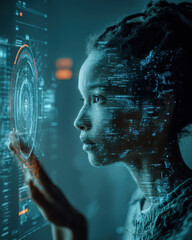 Woman interacting with futuristic AI interface. Portrait of a woman interacting with a digital AI interface. The scene highlights diversity and modern technology with glowing futuristic elements.