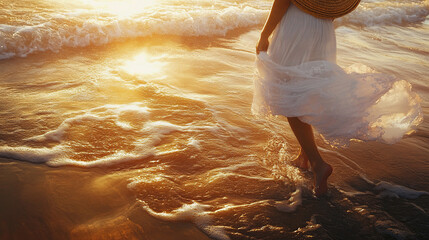 Woman walking on beach at sunset, summer vacation, ocean waves, beach holiday, travel, relaxation, barefoot