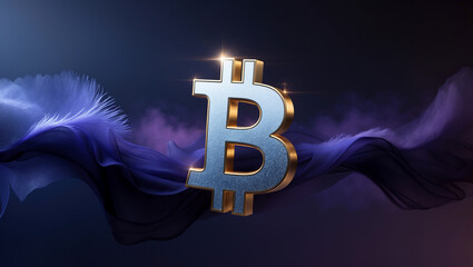 3D rendering of a shimmering golden bitcoin icon floating against an abstract purple background, Radiant golden bitcoin logo appears suspended on a vivid purple background.