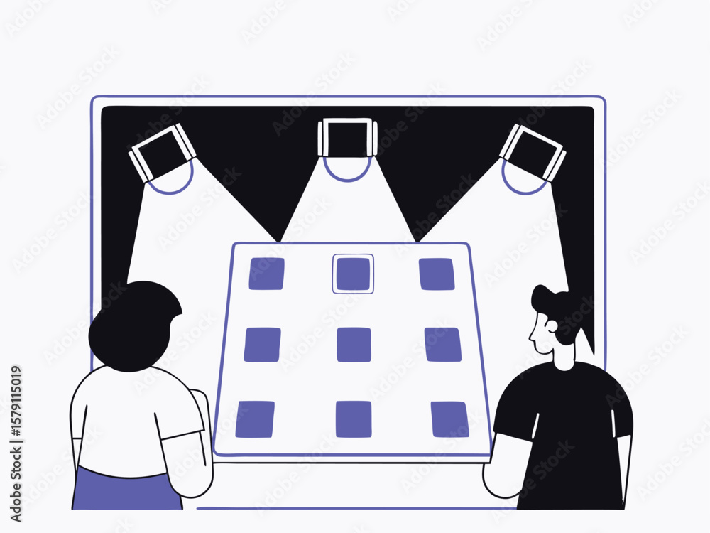 Poster two people observing illuminated display with design elements and lighting