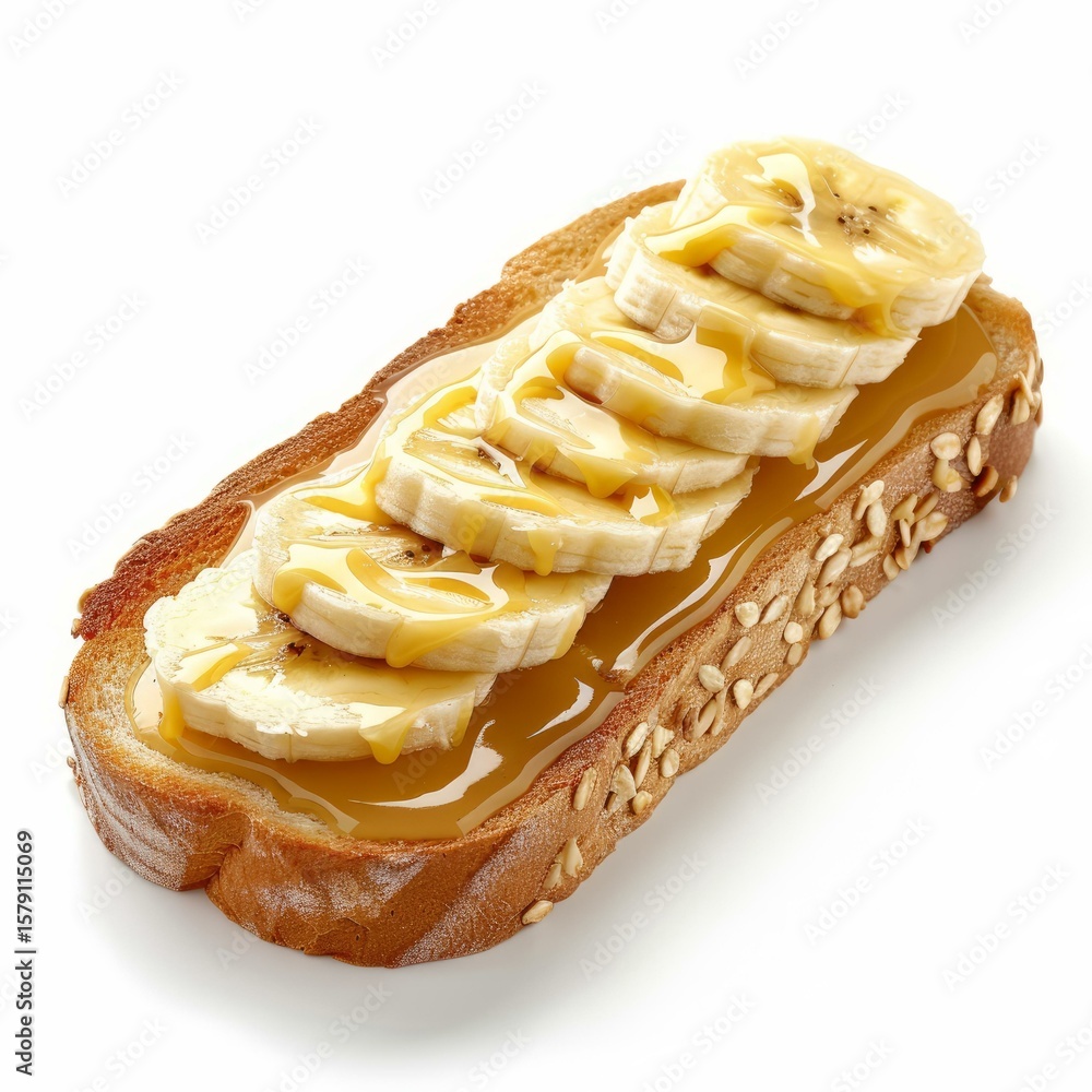 Poster toasted slice of bread, topped with sliced bananas and honey, creating a sweet and simple breakfast 