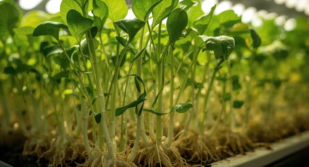 Obraz premium A close up view of young plants with green leaves and visible roots growing in a tray indoors