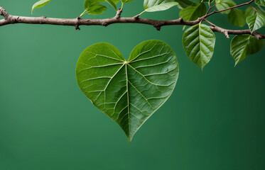 Heart-shaped leaf in vibrant green appears suspended beside a leafy branch on a lush green backdrop.