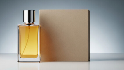A bottle of amber perfume next to its packaging png